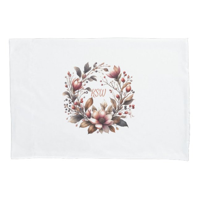Funda De Cojín Elegante Monograma Magnolia Floral Wreath (Anverso)