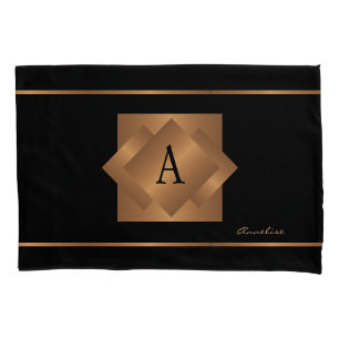 Funda De Cojín Elegante nombre monogramado oro dormitorio negro