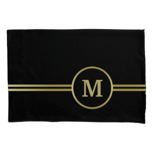 Funda De Cojín Elegante oro Monograma personalizado sobre negro