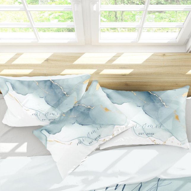Funda De Cojín Elegante Playa Náutica Dusty Blue Sr Sra. Boda (nautical dusty blue gold beach waves wedding anniversary gift duvet cover newly weds elegant modern)