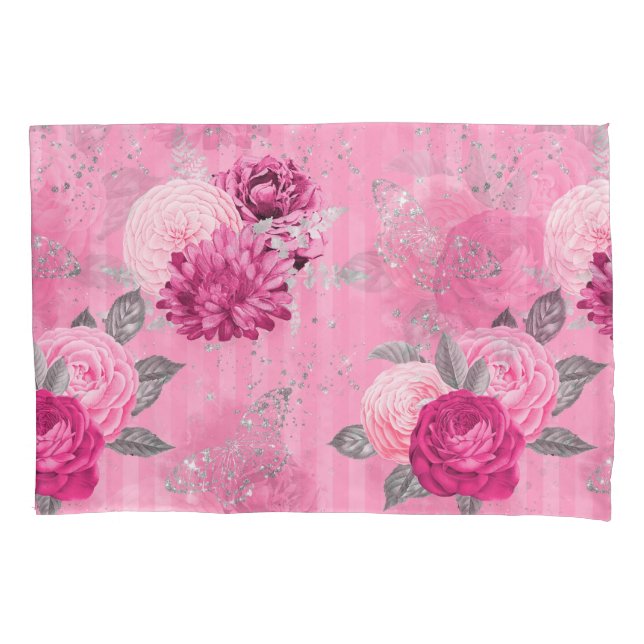Funda De Cojín Elegante Purpurina rosa Roses plateado mariposa (Anverso)