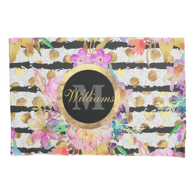 Funda De Cojín Elegantes flores primaverales y diseño de rayas (Anverso)