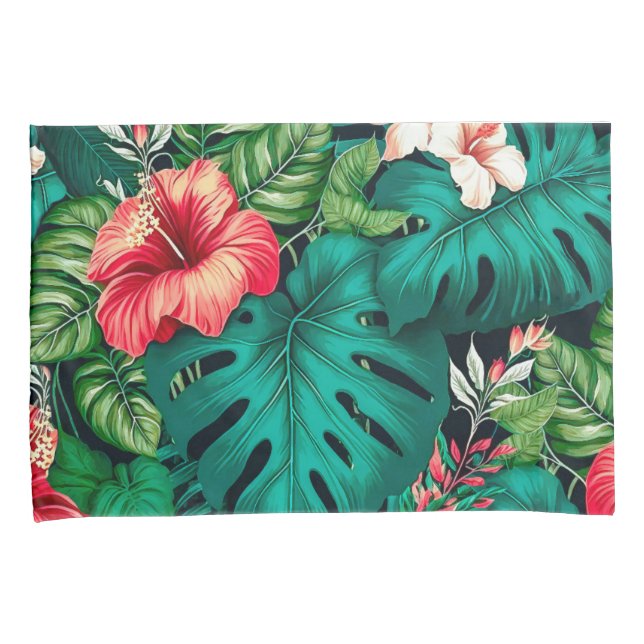 Funda De Cojín Elegantes hojas tropicales y flores hibiscus | (Anverso-Derecho)