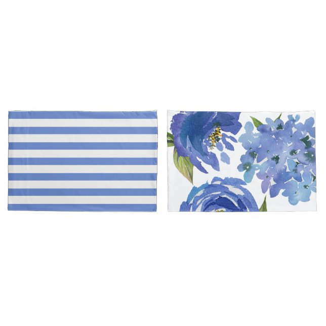 Funda De Cojín Elegantes pozos florales azules y rayas (Reverso-Set)