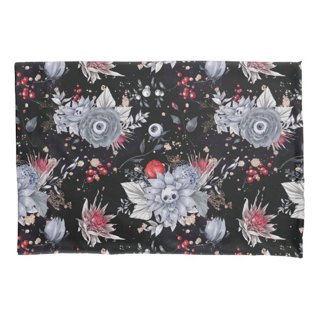 Funda De Cojín Elegantes Rosas de cráneo negro plateado (Anverso)