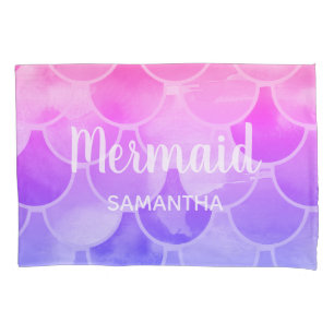 Funda De Cojín Escamas de sirena chica de nombre rosa morado