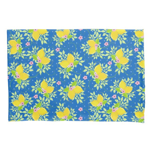 Funda De Cojín Estampado floral de limones azules y amarillos ver (Anverso)