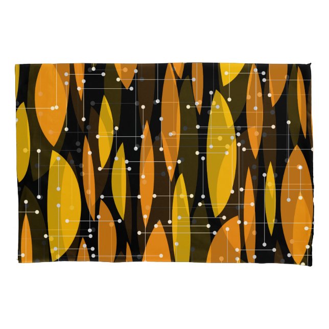 Funda De Cojín Estilo atómico, patrón geométrico naranja negro. (Anverso)