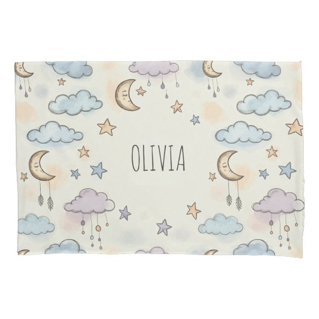 Funda De Cojín Estrellas soñadoras, lunas y nubes esponjosas  (Anverso)