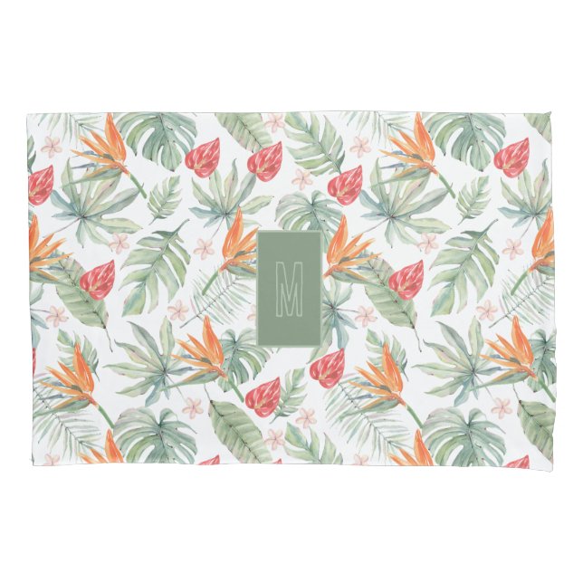 Funda De Cojín Fantasía de flor tropical con monograma (Anverso)