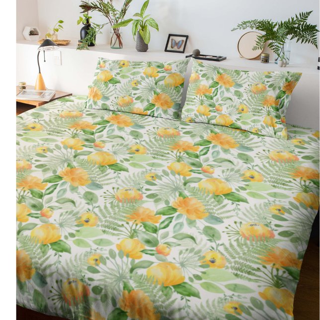 Funda De Cojín Fantasía Fern y limón floral (Lemon yellow and fern green floral pattern pillowcases)