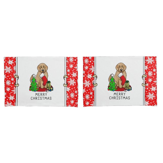 Funda De Cojín Feliz Navidad 2 Goldendoodle (rojo dorado) Cute (Anverso - Set)