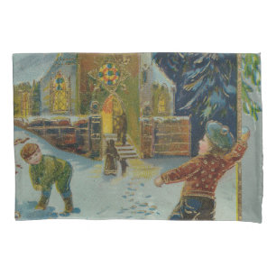 Funda De Cojín Feliz Navidad - Tarjeta postal vintage de pelea de