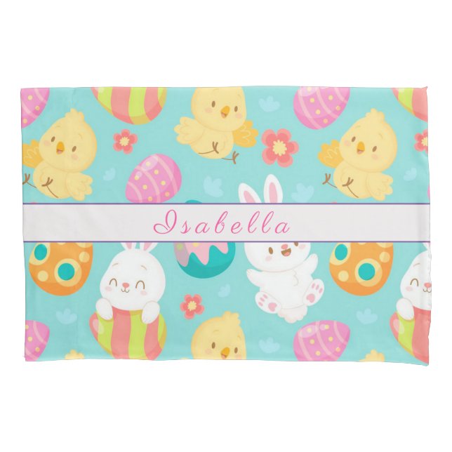 Funda De Cojín Feliz Personalizar Conejo De Pascua Y Pollo (Anverso)