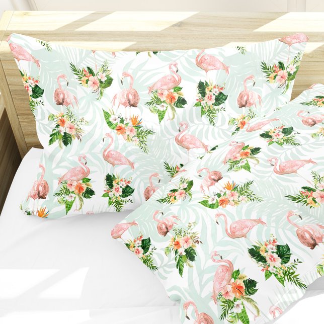 Funda De Cojín Flamenco Floral Rosa Tropical (Tropical flowers and pink flamingos add a fresh summer vibe to your bedroom.)