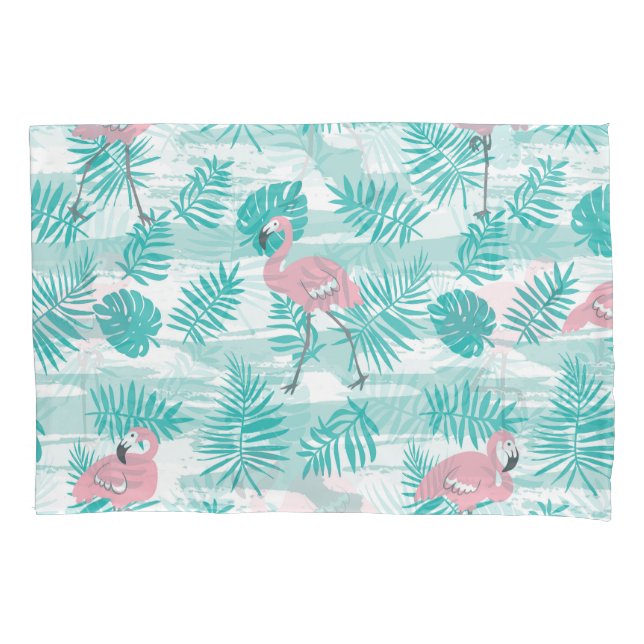 Funda De Cojín Flamencos rosas, hojas de palma verdes, tropicales (Anverso)