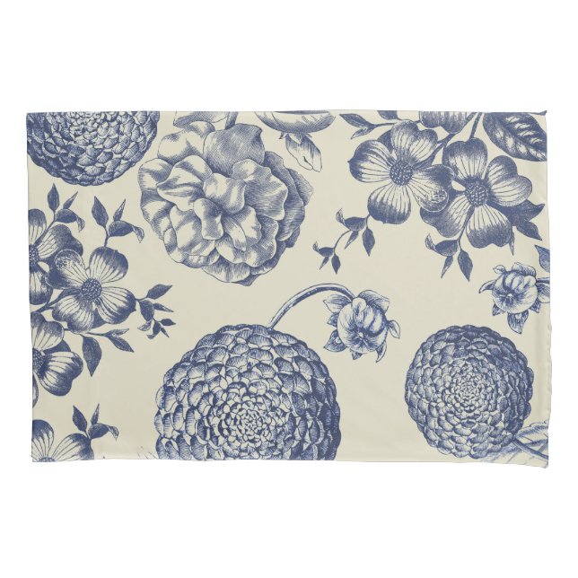 Funda De Cojín Flor azul anticuada impresa floral (Anverso)