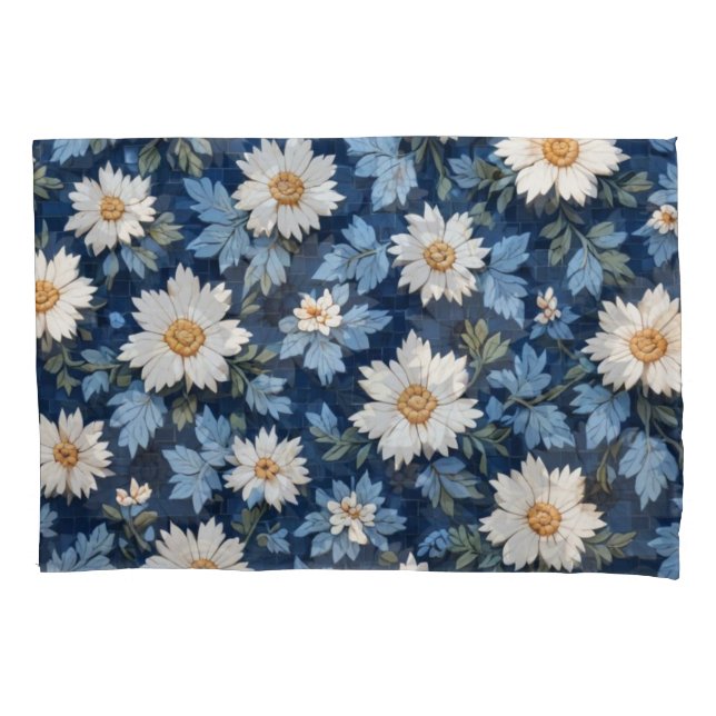 Funda De Cojín Flor blanca de mosaico azul oscuro (Anverso)