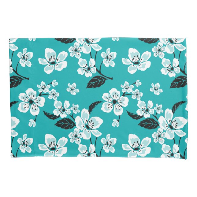 FUNDA DE COJÍN FLOR DE CEREZO - SAKURA (TURQUESA) (Anverso-izquierdo)