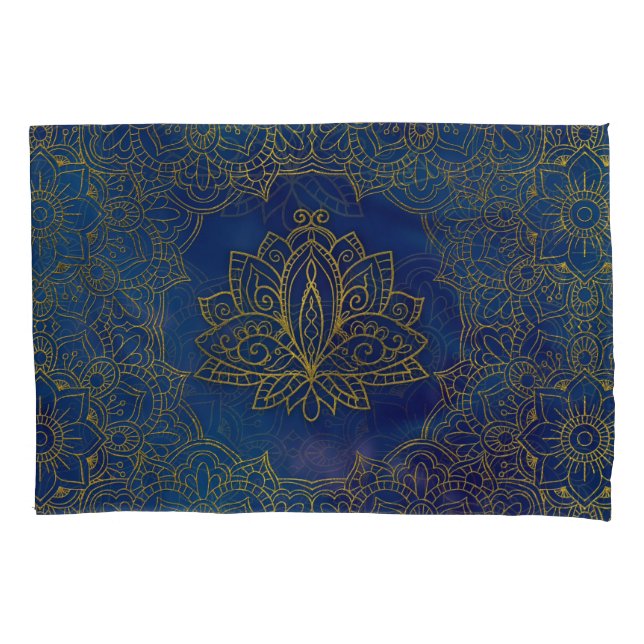 Funda De Cojín Flor de Lotus elegante del oro en azul (Anverso)