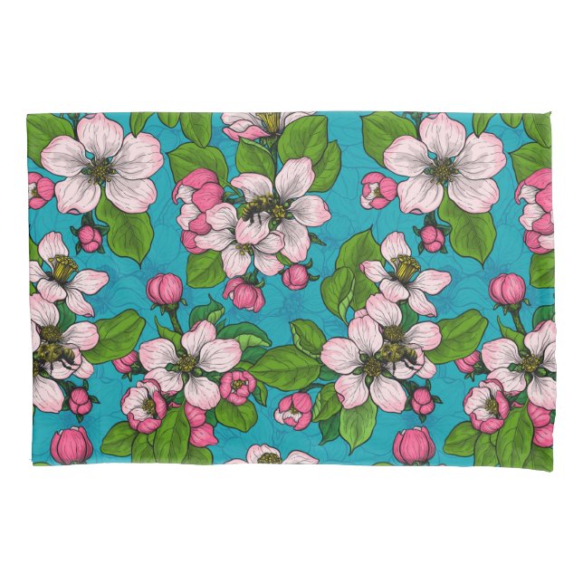 Funda De Cojín Flor de manzana sobre turquesa (Anverso)