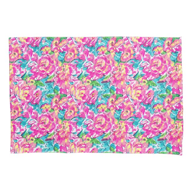 Funda De Cojín Floral azul rosa inspirada en las acuarelas (Anverso)