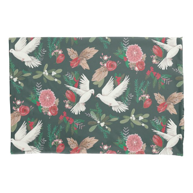 Funda de cojín floral botánico Palomas de Navidad (Anverso)