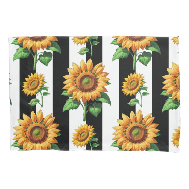 Funda De Cojín Floral de girasol franjas blancas negras (Anverso)