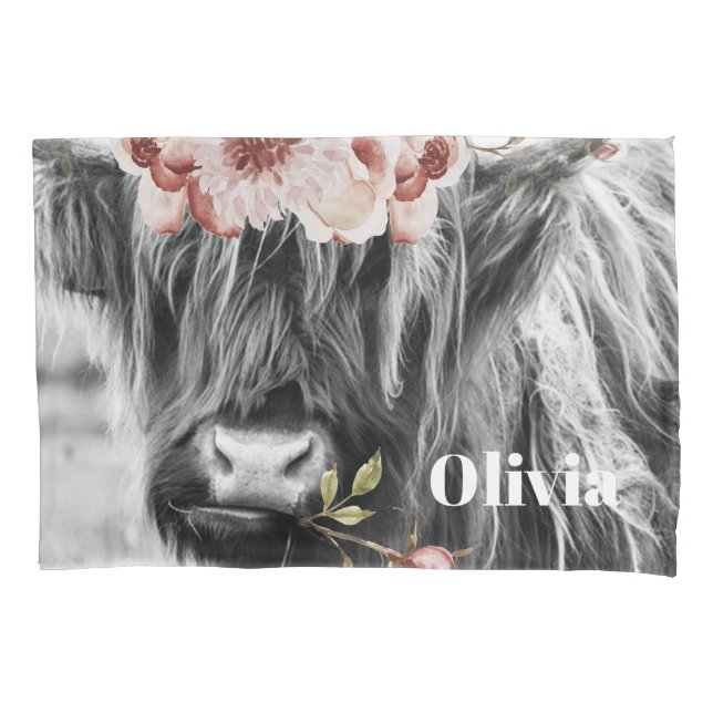 Funda De Cojín Floral de vaca de Highland | Nombre de niño de vac (Anverso)