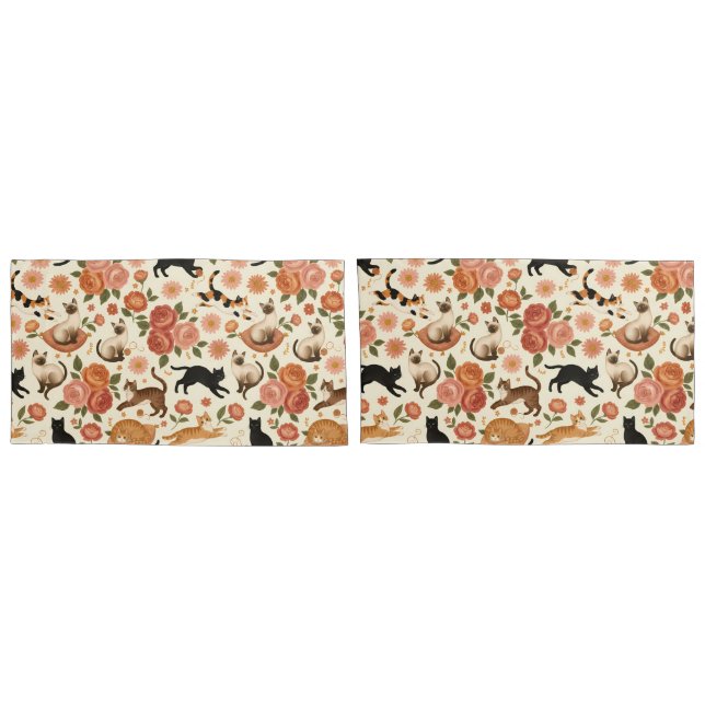 Funda De Cojín Floral Felines: Cozy Cats & Blooms Pattern (Reverso-Set)