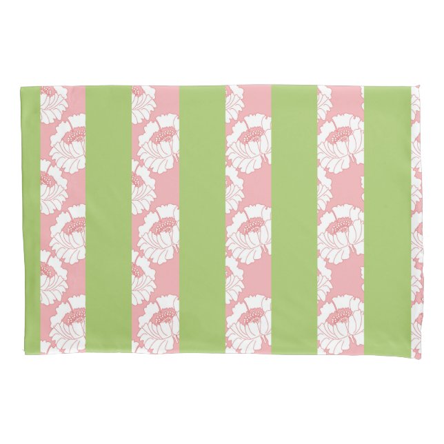 Funda De Cojín Floral rosa, franjas verdes (Anverso)