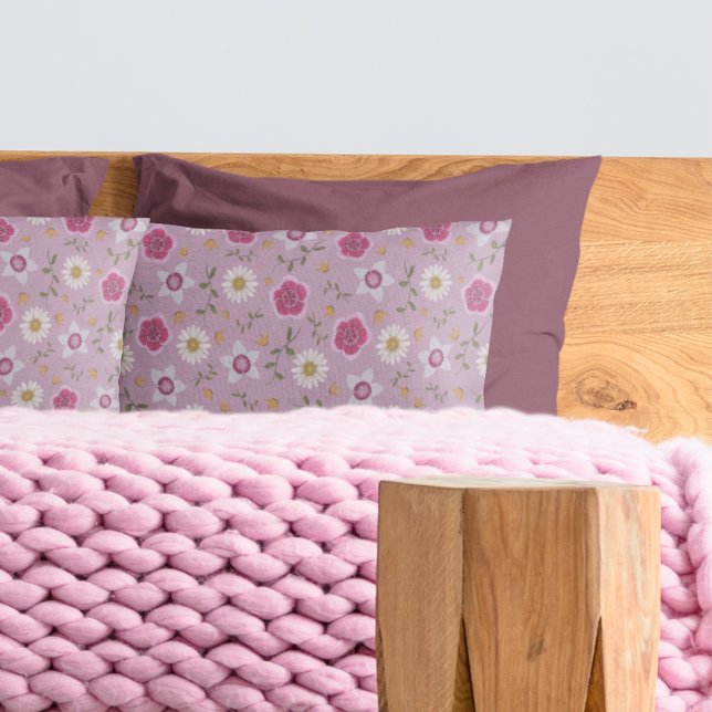 Funda De Cojín Floral rosa moderno Dianthus & Daisy dibujado a ma (Subido por el creador)