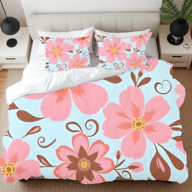 Funda De Cojín Florales rosadas- Flores Pastel Vibes-Retro (Pink & Yellow Blossoms on Sky Blue –Dopamine Style-bedding-pillow case)