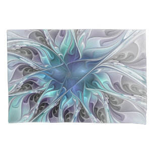 Funda De Cojín Florecer Abstracto Moderno Floral Fractal Con Azul
