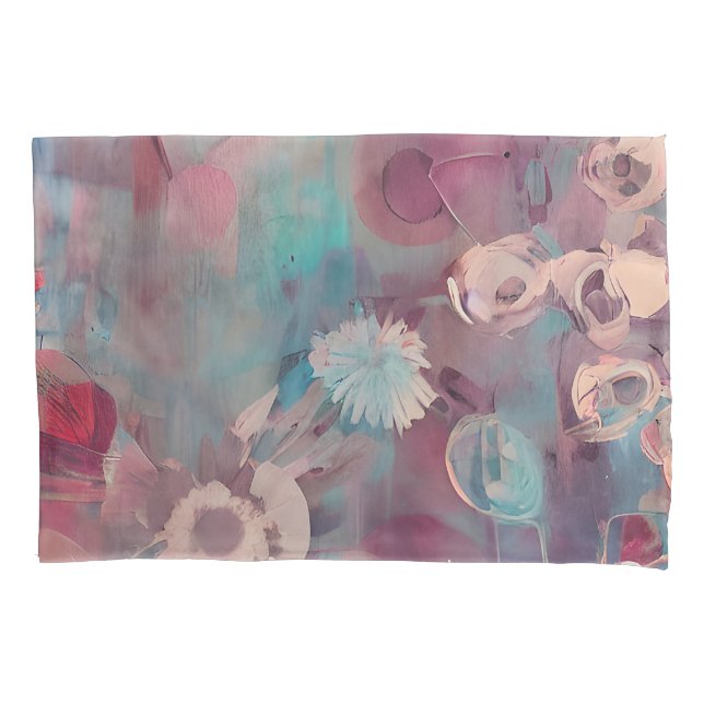 Funda De Cojín Flores abstractas rosadas y azules silenciadas (Anverso)