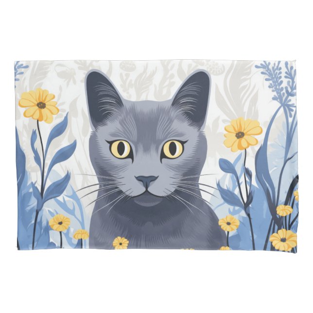 Funda De Cojín Flores amarillas de gato azul ruso (Anverso)