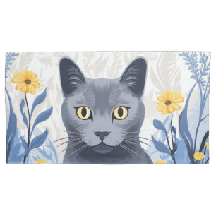 Funda De Cojín Flores amarillas de gato azul ruso