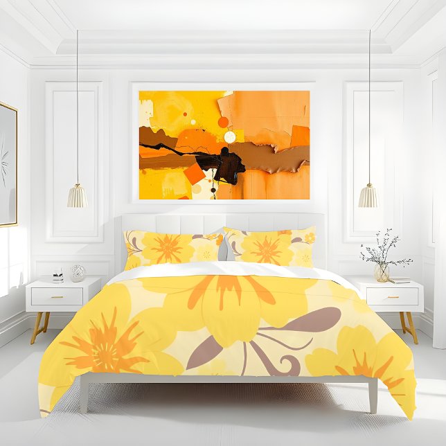 Funda De Cojín Flores amarillo-florales retro Sunshine (Retro Sunshine Flowers-Butter yellow, tangerine orange and mocha mousse- Duvet cover and Pillow case)