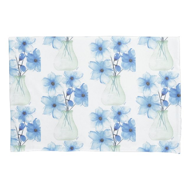 Funda De Cojín Flores azules en jarrón de vidrio (Anverso)