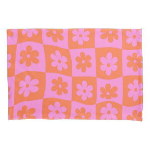 Funda De Cojín Flores de naranja rosa retro agitadas en tableros