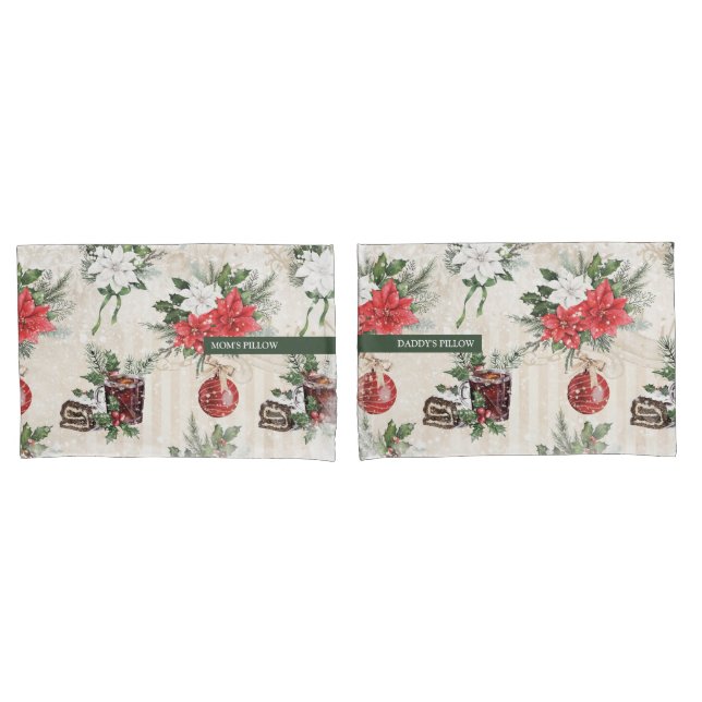 Funda De Cojín Flores de poinsettia roja y blanca Navidades clási (Anverso - Set)