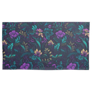 Funda De Cojín Flores moradas y hojas Verde azuladas