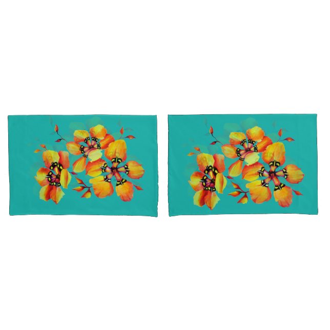Funda De Cojín Flores Naranjas elegantes - Aqua (Anverso - Set)
