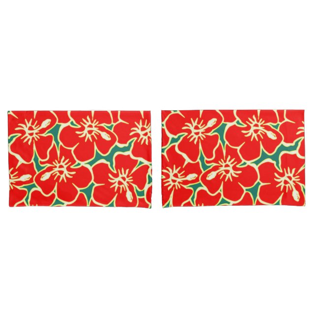 Funda De Cojín Flores rojas hibiscus tropical hawaiana (Anverso - Set)