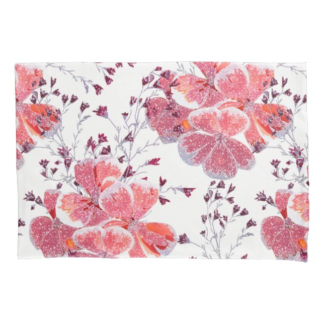 Funda De Cojín Flores rojas rosadas sobre blanco. (Anverso)