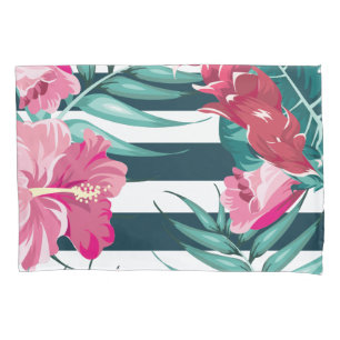 Funda De Cojín Flores rosadas exóticas rayadas