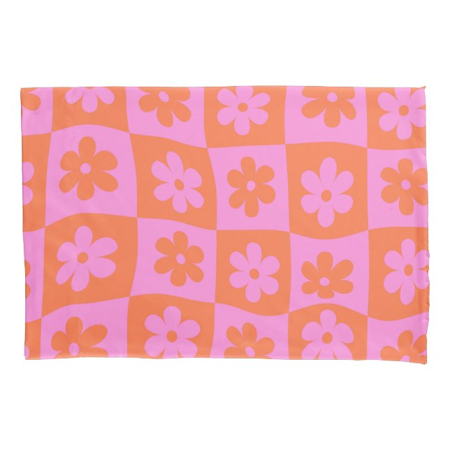 Funda De Cojín Flores rosadas naranjas retro deformadas en cuadro (Anverso)