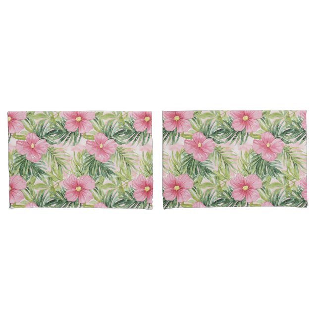 Funda De Cojín Flores rosadas tropicales franjas verdes (Anverso - Set)