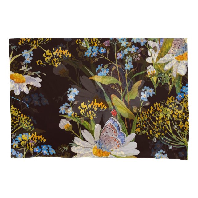 Funda De Cojín Flores silvestres: acuarela de fondo negro (Anverso)