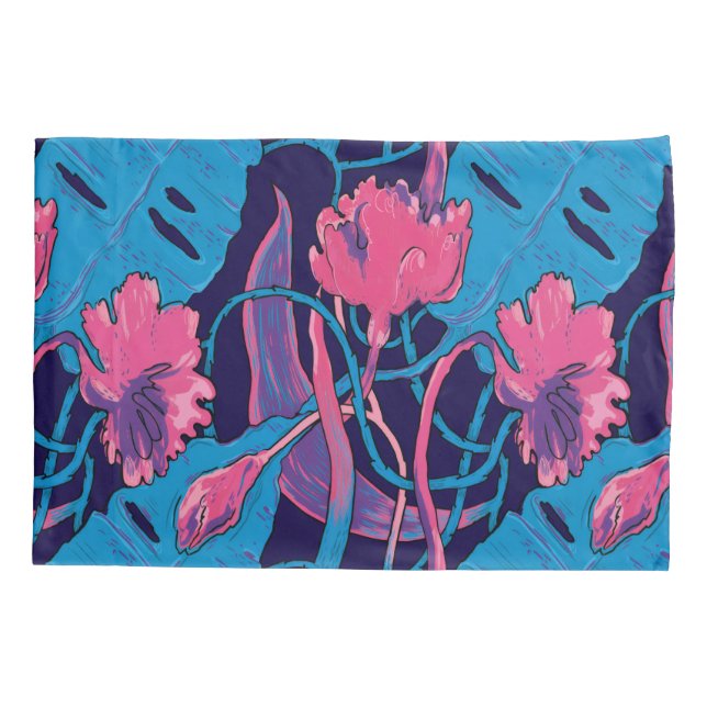 Funda De Cojín Flores Silvestres Tropicales Azules Rosadas Modern (Reverso)